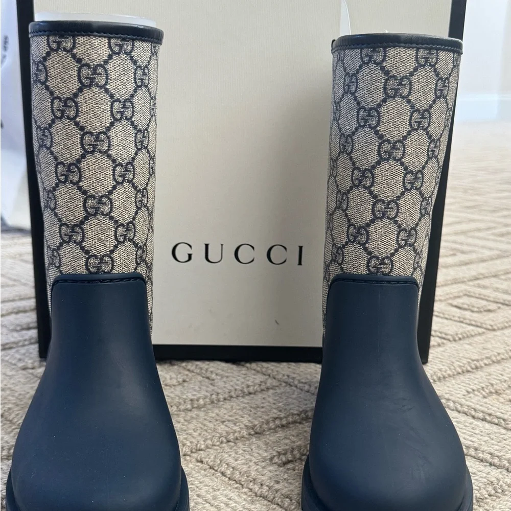 Gucci Beige and Blue Monogram Boots